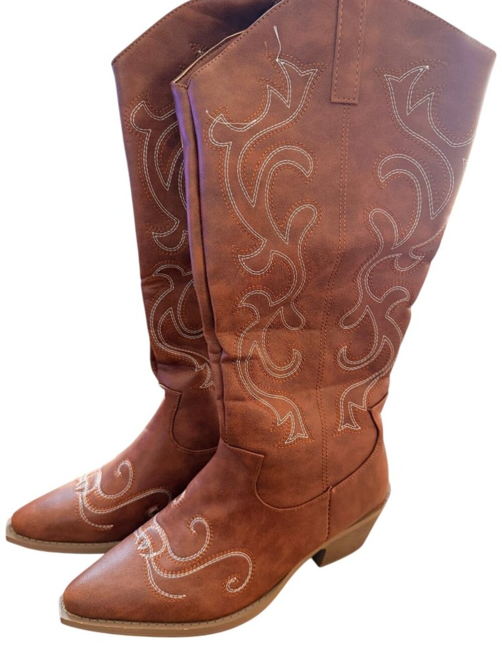 Western-Style Brown faux leather Cowboy Boots With Embroidered Design Side Zippe